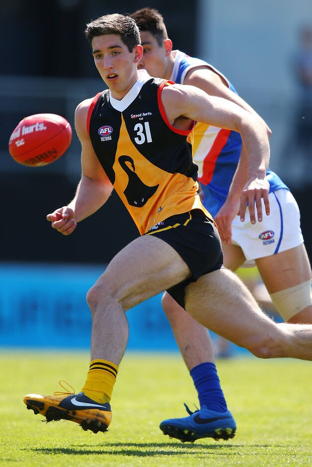 TAC 2015 Cup Semi Final - Dandenong Stingrays v Eastern Ranges MELBOURNE, AUSTRALIA - SEPTEMBER 19: Jacob Weitering of the Stingrays competes for the ball during the 2015 TAC Cup Semi Final match between the Dandenong Stingrays and the Eastern Ranges at Ikon Park, Melbourne, Australia on September 19, 2015. (Photo by Michael Dodge/AFL Media)